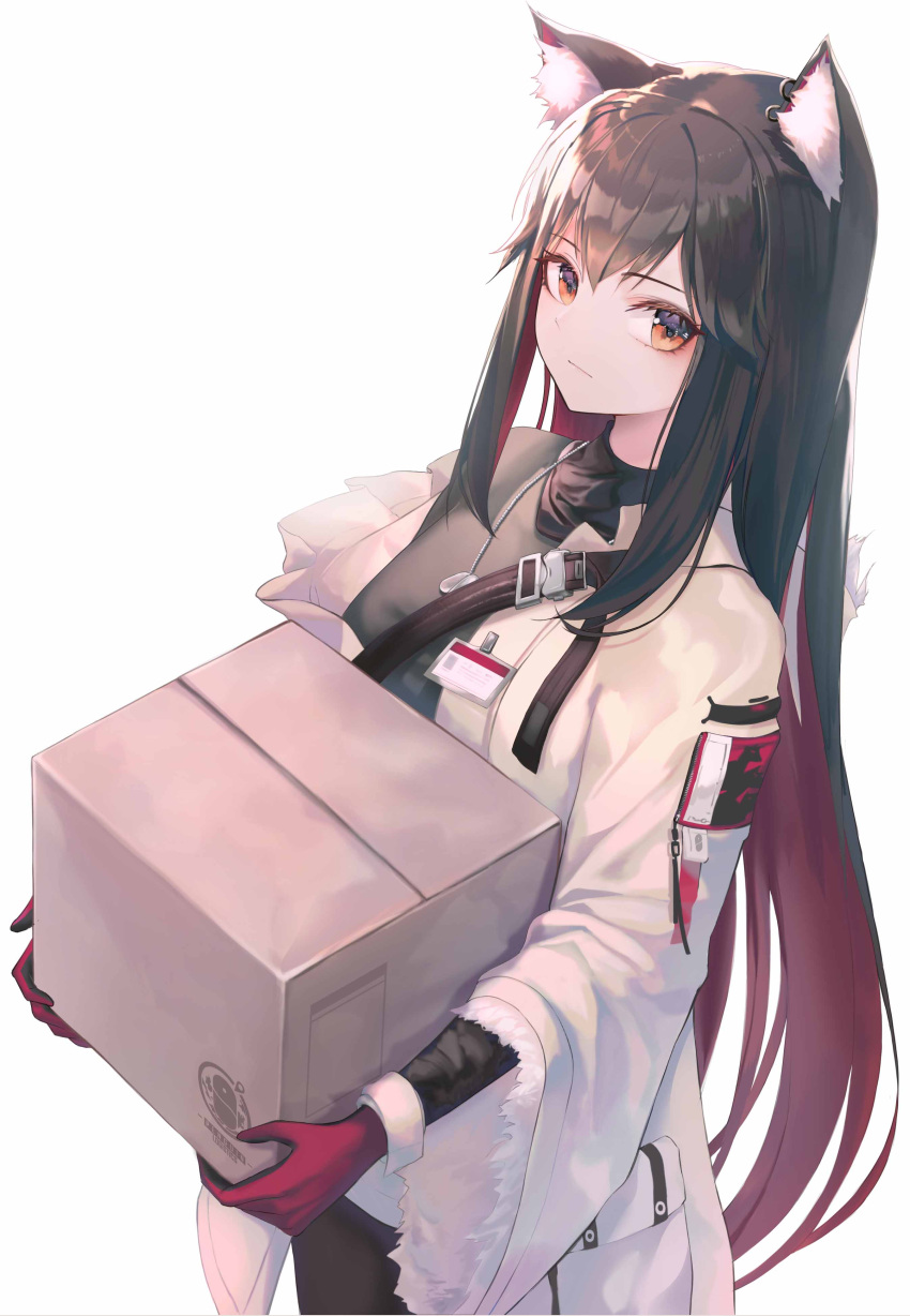 1girl absurdres animal_ear_fluff animal_ears arknights black_hair black_shirt box cardboard_box carrying cat_ears closed_mouth coat cowboy_shot dog_tags ear_piercing expressionless frostscent gloves highres id_card long_hair long_sleeves looking_at_viewer multicolored_hair open_clothes open_coat orange_eyes pantyhose piercing red_gloves redhead shirt simple_background solo standing strap texas_(arknights) two-tone_hair very_long_hair white_background white_coat