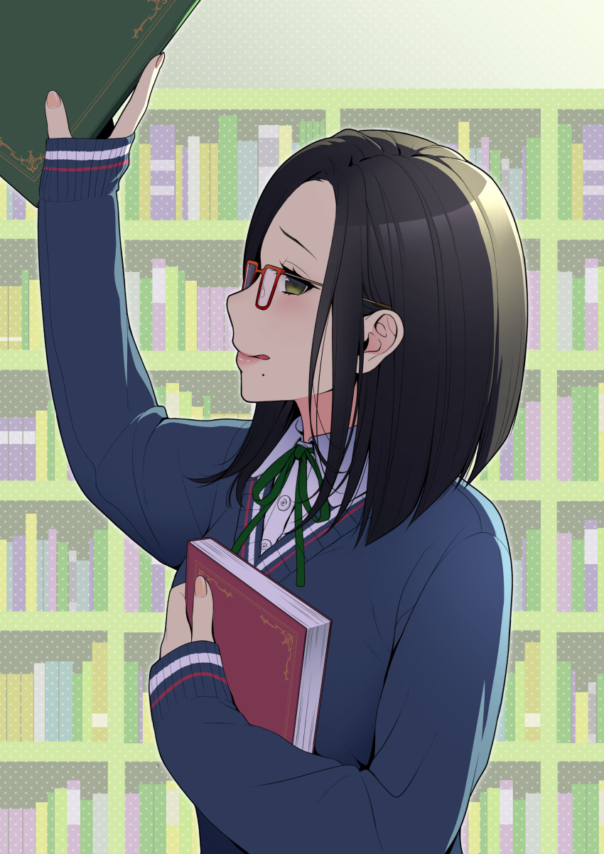 1girl absurdres arm_up bangs black_hair blue_sweater blush book bookshelf brown_eyes collared_shirt daidai_jamu dress_shirt forehead from_side glasses green_ribbon highres holding holding_book indoors licking_lips long_hair long_sleeves looking_at_viewer looking_to_the_side mole mole_under_mouth neck_ribbon object_hug original parted_bangs red-framed_eyewear ribbon school_uniform shirt sleeves_past_wrists solo sweater tongue tongue_out upper_body white_shirt