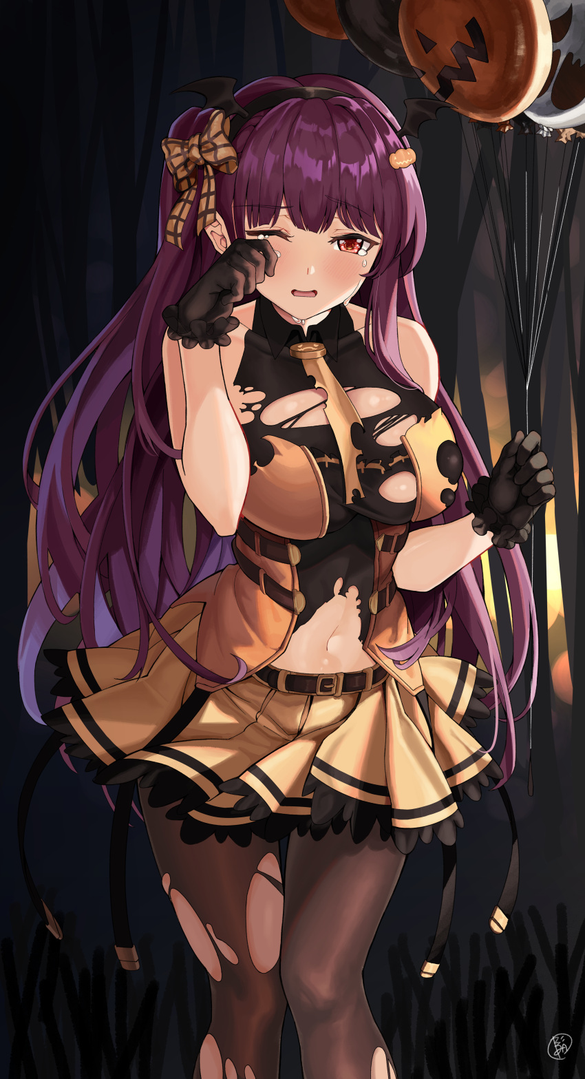 1girl absurdres alternate_costume bangs bare_shoulders be_garam belt black_hairband blush breasts buckle crying eyebrows_visible_through_hair girls_frontline hair_ribbon hairband half_updo highres holding_balloon huge_filesize large_breasts long_hair looking_at_viewer navel necktie one_side_up open_mouth pantyhose purple_hair red_eyes ribbon shirt skirt sleeveless sleeveless_shirt solo standing tears torn_clothes very_long_hair wa2000_(girls_frontline) wiping_tears