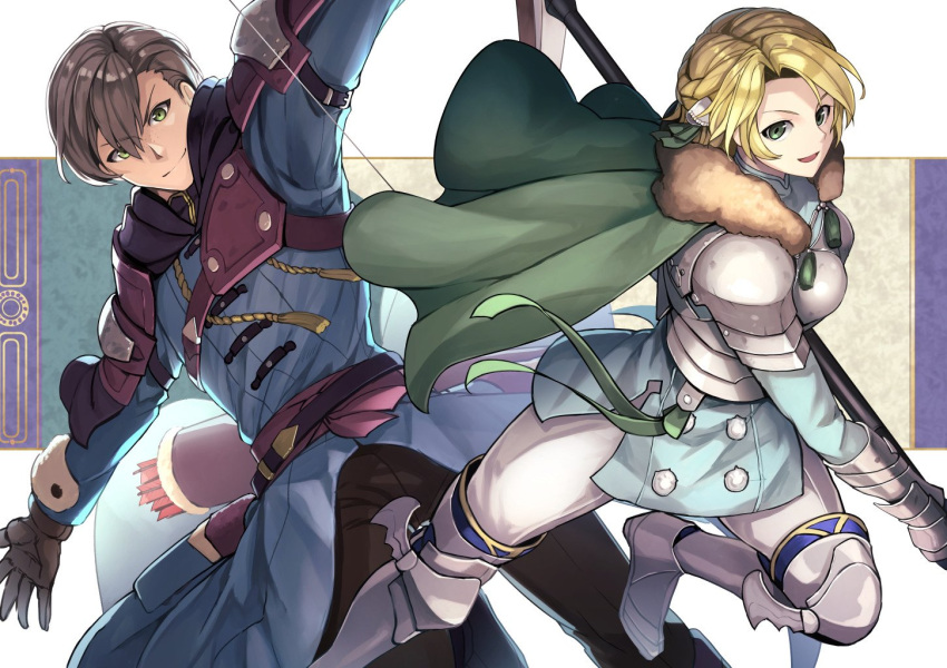 1boy 1girl armor arrow ashe_ubert belt blonde_hair bow_(weapon) cape closed_mouth fire_emblem fire_emblem:_three_houses fur_trim gloves greaves green_cape green_eyes grey_hair holding holding_bow_(weapon) holding_weapon ingrid_brandl_galatea long_sleeves nakabayashi_zun open_mouth polearm quiver smile weapon