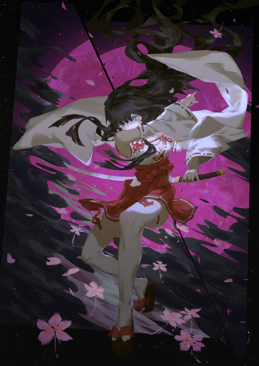 1girl black_clouds black_hair blowing_leaves blue_eyes blunt_ends commentary_request detached_sleeves egasumi hair_blowing hakama highres holding holding_sword holding_weapon japanese_clothes katana king's_raid lace-trimmed_sleeves miko moon okobo red_moon seria_(king's_raid) solo split_image spongeman9214 sword vlh weapon