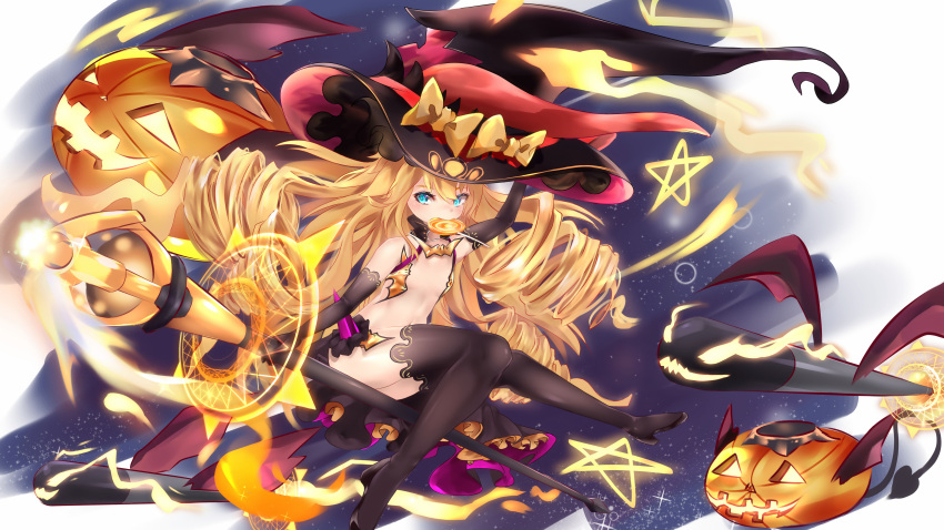 absurdres azur_lane black_headwear black_legwear blonde_hair blue_eyes bow candy curly_hair drill_hair flat_chest food food_in_mouth halloween hat highres jack-o'-lantern lollipop long_hair multiple_hat_bows nekodama2000 quad_drills revealing_clothes showgirl_skirt smalley_(azur_lane) smalley_(candy_courier)_(azur_lane) swirl_lollipop torpedo trick_or_treat witch witch_hat yellow_bow