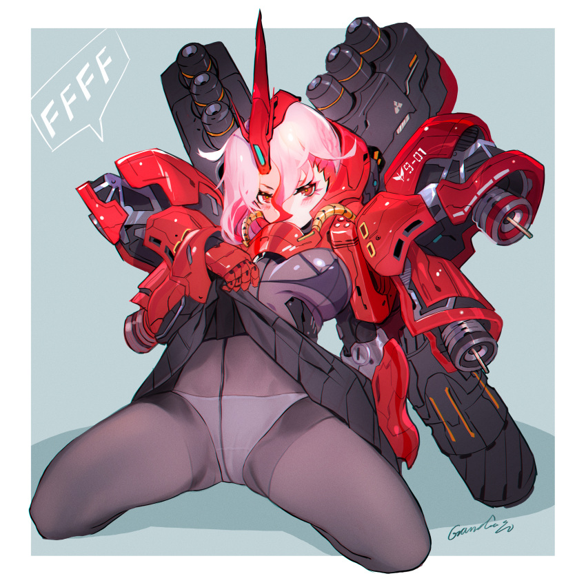 1girl absurdres bodystocking breasts bright_pupils char's_counterattack covered_navel crotch_seam grandialee gundam hair_between_eyes highres horn lifted_by_self mecha_musume medium_breasts outside_border panties panties_under_pantyhose pantyhose pink_hair red_eyes sazabi short_hair simple_background sitting skirt skirt_lift solo underwear white_panties