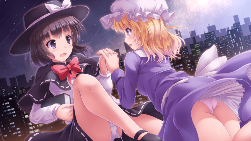 2girls :d :o black_capelet black_hair black_headwear black_skirt blonde_hair book bow bowtie capelet cityscape eye_contact eyebrows_visible_through_hair floating hat hat_bow highres holding holding_book holding_hands interlocked_fingers long_sleeves looking_at_another lzh maribel_hearn mob_cap multiple_girls night open_mouth outdoors panties pantyshot purple_shirt purple_skirt red_neckwear shirt short_hair skirt sky smile star_(sky) starry_sky touhou underwear usami_renko violet_eyes white_bow white_headwear white_panties white_shirt