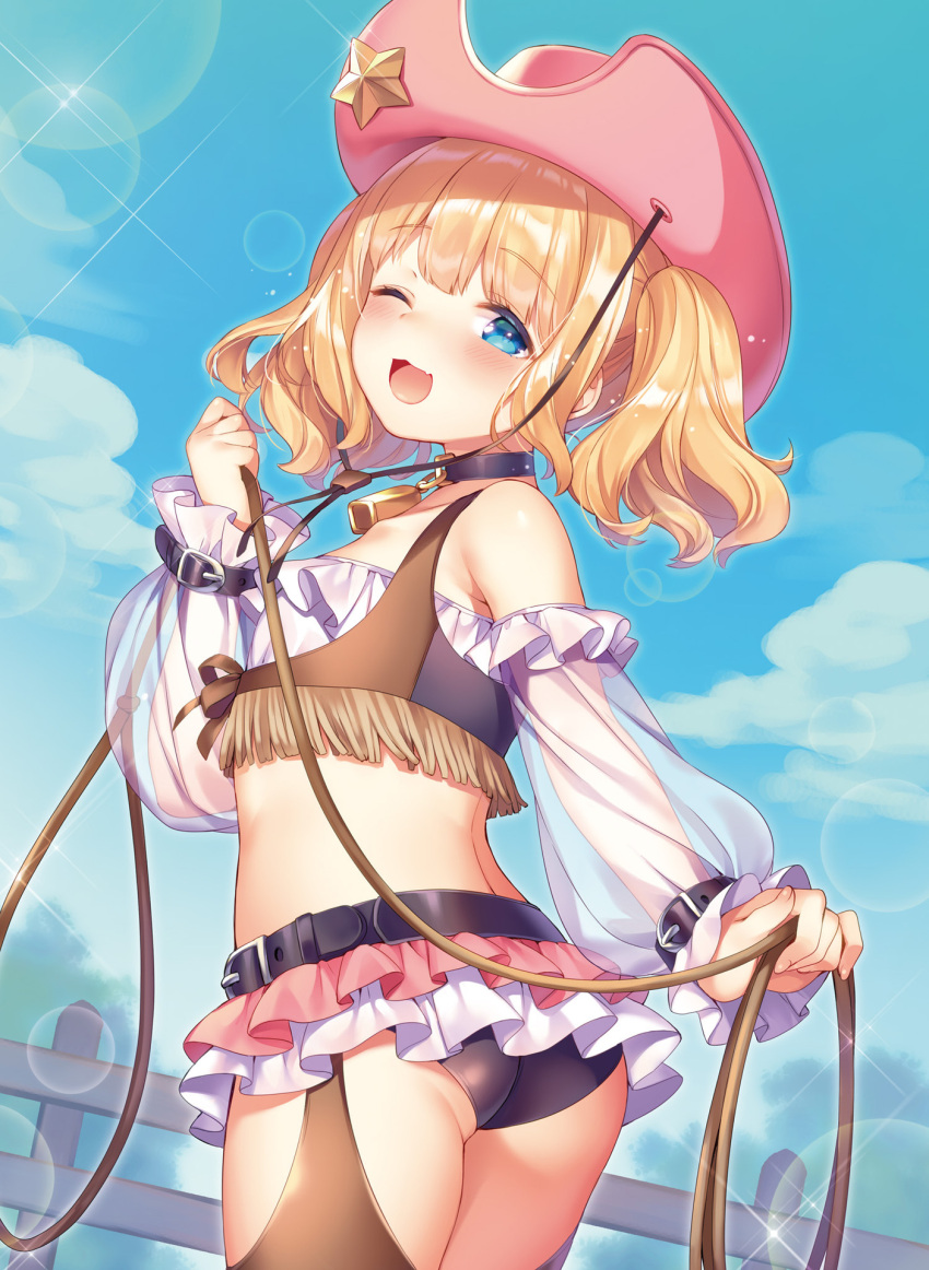 1girl ;d artist_request ass back bangs bell belt blue_sky blush buckle clouds collar cow_bell cowboy_hat cowboy_shot crop_top day dengeki_moeou detached_sleeves eyebrows_visible_through_hair fang flat_chest frilled_sleeves frills fringe_trim from_behind glint hat highres holding lasso lens_flare long_sleeves looking_at_viewer looking_back one_eye_closed open_mouth outdoors pink_headwear scan see-through short_hair short_twintails sidelocks skin_fang sky smile solo sparkle star twintails