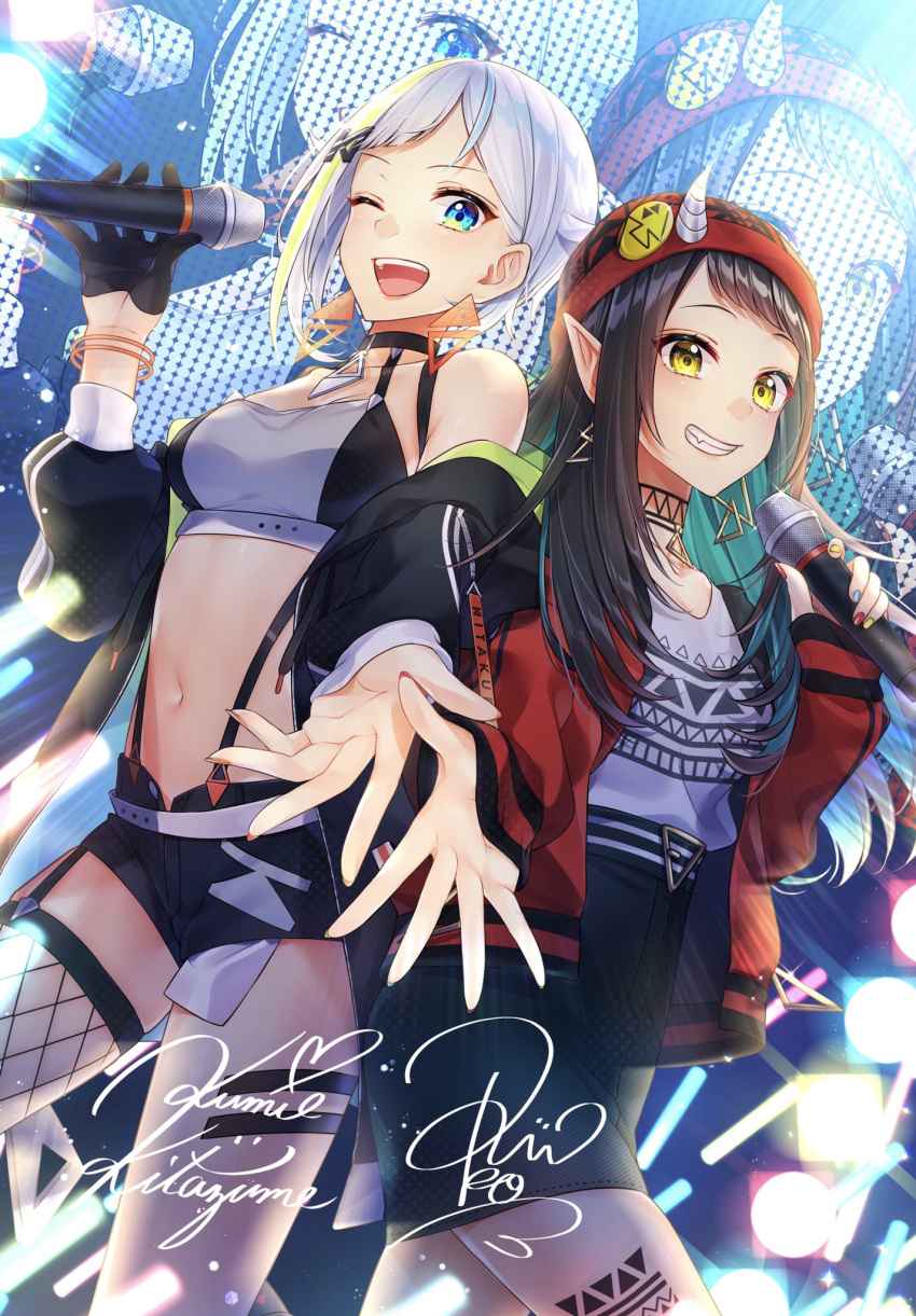2girls ;d ako_wazaki aqua_hair artist_name bare_shoulders beanie black_gloves black_hair black_jacket black_shorts blue_eyes breasts choker collarbone commentary_request crop_top earrings exposed_pocket fishnet_legwear fishnets garter_straps gloves grin hair_ornament hairclip half_gloves hand_up hat high-waist_shorts highres holding holding_microphone horns jacket jewelry kitakubu kitazume_kumie kitazume_kumin long_hair long_sleeves looking_at_viewer medium_breasts microphone midriff multicolored multicolored_hair multicolored_nails multiple_girls nail_polish navel off_shoulder one_eye_closed open_clothes open_jacket open_mouth outstretched_arm pointy_ears puffy_sleeves red_jacket shirt shirt_tucked_in short_hair short_shorts shorts sidelocks signature silver_hair single_glove smile stomach streaked_hair suspenders thigh-highs two-tone_hair virtual_youtuber white_shirt yellow_eyes