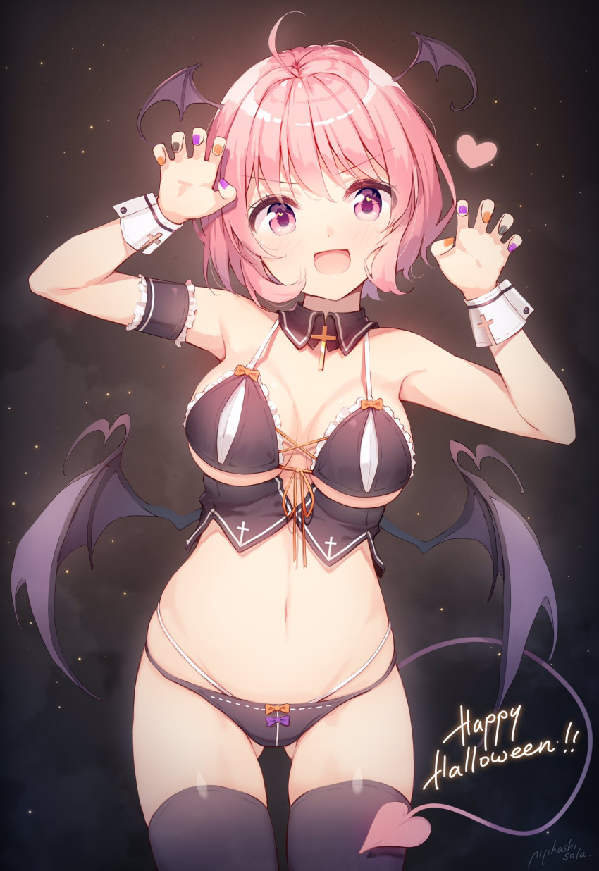 1girl :d ahoge arm_garter armpits arms_up artist_name ass_visible_through_thighs bare_shoulders black_bra black_legwear black_panties bra breasts breasts_apart claw_pose cowboy_shot demon_girl demon_tail demon_wings detached_collar happy_halloween head_wings heart highres latin_cross looking_at_viewer medium_breasts multi-strapped_panties multicolored multicolored_nails nail_polish navel nijihashi_sora open_mouth original panties pink_hair short_hair smile solo standing stomach tail thigh-highs underwear violet_eyes wings wrist_cuffs