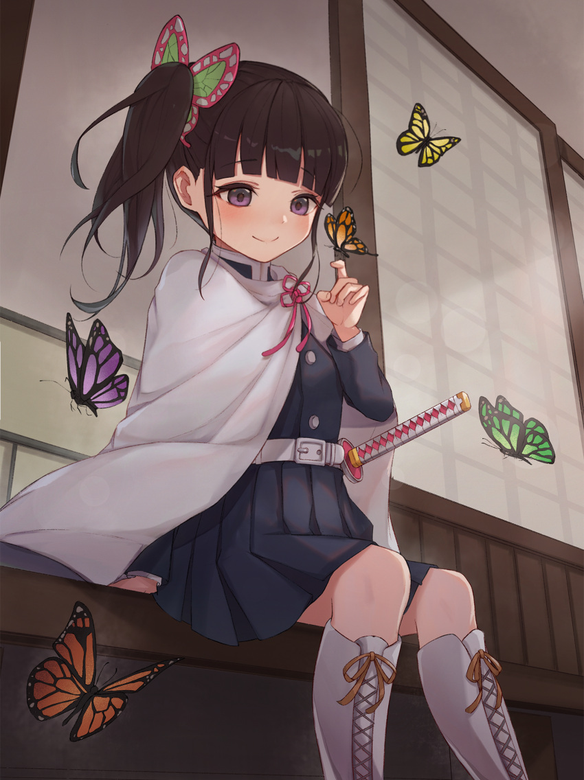 1girl bangs belt black_hair boots bug butterfly butterfly_hair_ornament commentary_request eyebrows_visible_through_hair from_below hair_ornament highres insect katana kimetsu_no_yaiba long_hair long_sleeves lunia orange_ribbon pleated_skirt ribbon side_ponytail sitting skirt smile solo sword tsuyuri_kanao violet_eyes weapon white_belt white_footwear