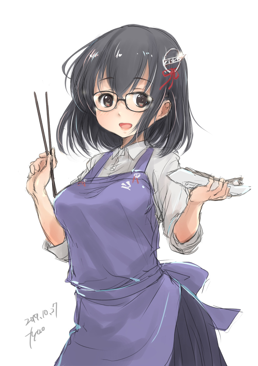 1girl artist_name bespectacled black_hair black_skirt brown_eyes chopsticks cowboy_shot dated dress_shirt fyuo glasses haguro_(kantai_collection) hair_ornament highres kantai_collection long_sleeves looking_at_viewer plate pleated_skirt purple_apron shirt short_hair simple_background skirt sleeves_rolled_up smile solo white_background white_shirt