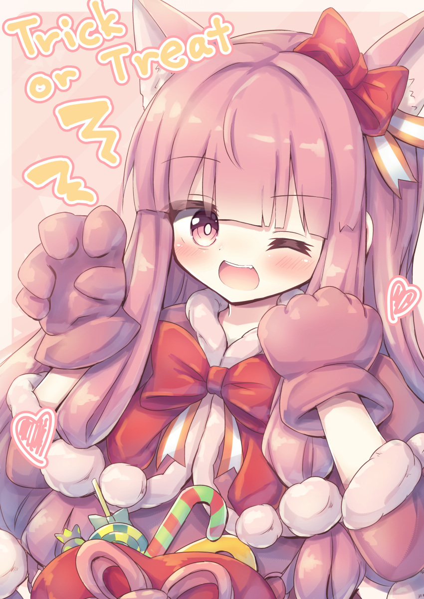 1girl ;d absurdres animal_ear_fluff animal_ears bangs blush bow candy candy_cane candy_wrapper capelet claw_pose commentary_request eyebrows_visible_through_hair fang food fur-trimmed_capelet fur_trim gloves hair_bow halloween hands_up heart highres kemonomimi_mode kotonoha_akane lollipop long_hair one_eye_closed open_mouth pink_capelet pink_gloves pink_hair puffy_short_sleeves puffy_sleeves red_bow red_eyes short_sleeves smile solo swirl_lollipop trick_or_treat very_long_hair voiceroid waste_(arkaura)