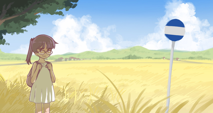 1girl backpack bag bangs brown_hair child dress field glasses looking_over_eyewear orange_peel_(artist) original ponytail road_sign scenery sign solo white_dress