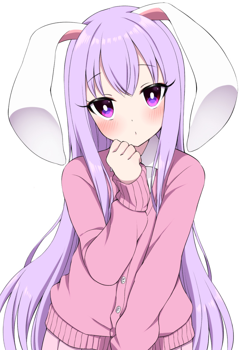 1girl alternate_costume animal_ears bangs blush bright_pupils bunny_girl closed_mouth commentary_request hand_on_own_face highres long_hair long_sleeves looking_at_viewer pink_cardigan purple_hair rabbit_ears reisen_udongein_inaba simple_background solo straight_hair touhou tsukimirin upper_body very_long_hair violet_eyes white_background