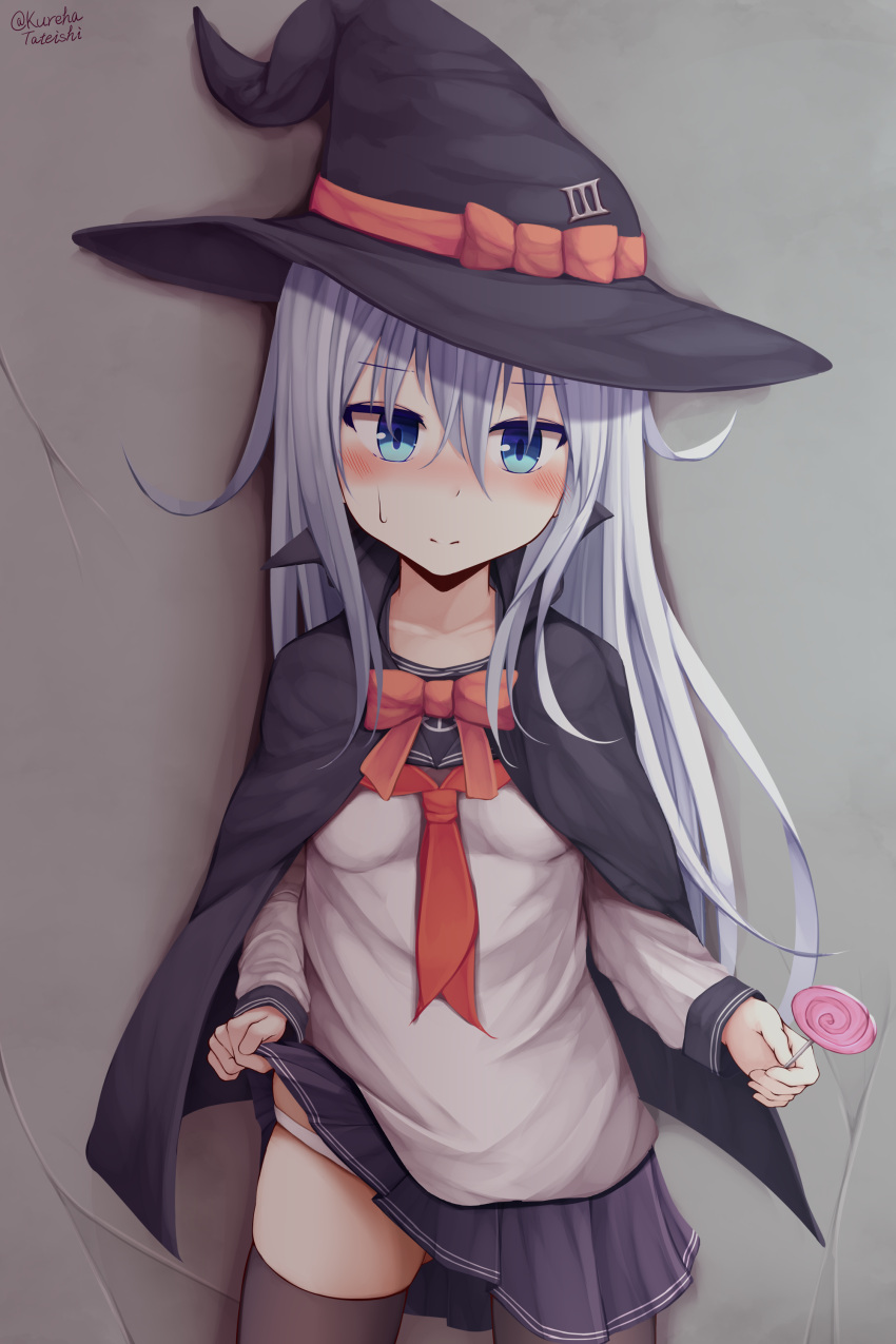 1girl absurdres blue_eyes blush bow breasts candy food hair_between_eyes hair_ornament halloween halloween_costume hamayuu_(litore) hat hibiki_(kantai_collection) highres kantai_collection lifted_by_self lollipop long_hair long_sleeves looking_at_viewer neckerchief panties pleated_skirt school_uniform serafuku silver_hair skirt small_breasts solo sweatdrop thigh-highs thighs underwear white_panties witch witch_hat