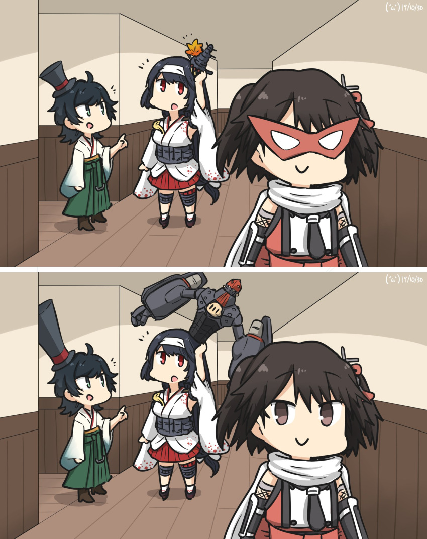 3girls ahoge bangs black_gloves black_hair brown_footwear brown_hair commentary_request dated detached_sleeves double-breasted elbow_gloves floral_print fusou_(kantai_collection) gauntlets gloves green_eyes green_hakama hair_ornament hakama hakama_skirt hallway hamu_koutarou hat headband highres japanese_clothes kantai_collection long_hair mask matsukaze_(kantai_collection) meiji_schoolgirl_uniform mini_hat mini_top_hat multiple_girls red_eyes red_skirt remodel_(kantai_collection) robot scarf school_uniform sendai_(kantai_collection) serafuku short_hair skirt spot_the_differences swept_bangs top_hat two_side_up upper_body wavy_hair white_headband white_scarf wooden_floor