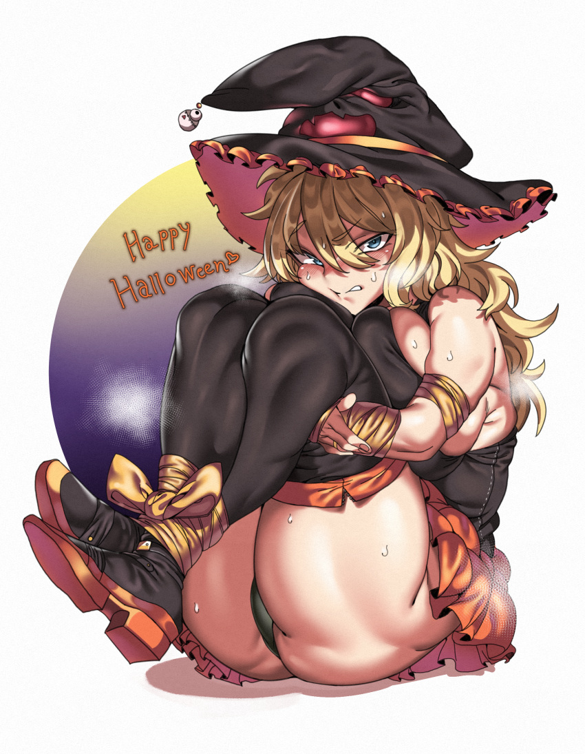 1girl absurdres ass bare_shoulders black_legwear blonde_hair blue_eyes bound bound_ankles bound_arms breasts clenched_teeth hair_between_eyes hat highres large_breasts long_hair looking_at_viewer original sitting skirt solo teeth thigh-highs urec witch_hat