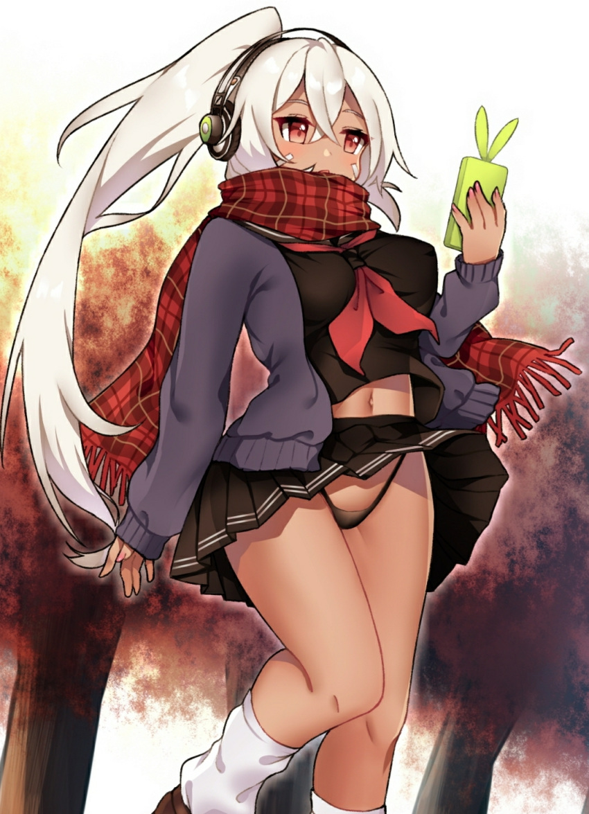 10komorimori 1girl autumn autumn_leaves azur_lane black_panties black_skirt breasts cardigan cellphone commentary_request dark_skin headphones highleg highleg_panties highres holding holding_phone long_hair long_ponytail long_sleeves medium_breasts midriff minneapolis_(azur_lane) minneapolis_(wild_student)_(azur_lane) nail_polish navel neck_ribbon neckwear_between_breasts open_cardigan open_clothes open_mouth outdoors panties phone pink_nails plaid plaid_scarf pleated_skirt ponytail red_eyes red_neckwear ribbon scarf scarf_over_mouth skirt skirt_lift sleeves_past_wrists smartphone solo thong tree underwear walking white_hair wind wind_lift