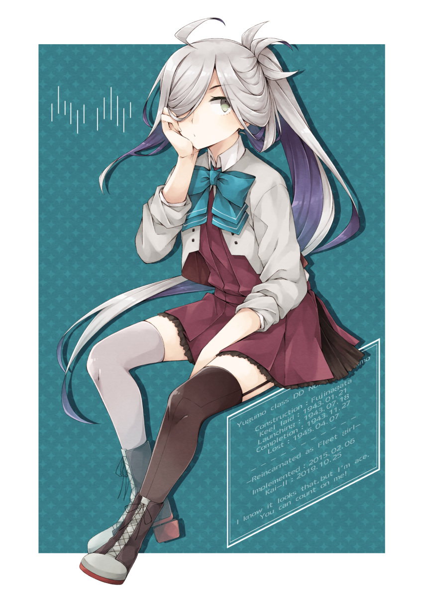 1girl ahoge asashimo_(kantai_collection) black_legwear blazer blue_neckwear boots bow bowtie cross-laced_footwear dress grey_eyes grey_hair grey_jacket grey_legwear hair_over_one_eye halterneck highres jacket kantai_collection long_hair long_sleeves miroku_san-ju mismatched_legwear purple_dress remodel_(kantai_collection) school_uniform sitting sleeves_rolled_up solo thigh-highs