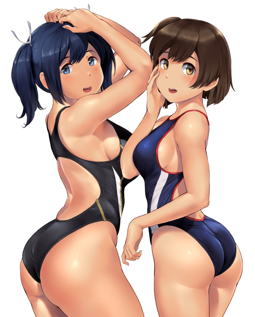 2girls alternate_costume armpits arms_up ass back bangs bare_arms bare_shoulders blue_eyes blue_hair blush breasts brown_eyes brown_hair commentary_request competition_swimsuit contrapposto cowboy_shot eyebrows_visible_through_hair from_behind from_side hair_between_eyes hand_on_own_cheek highleg highleg_swimsuit highres hiryuu_(kantai_collection) kantai_collection large_breasts looking_at_viewer looking_back medium_breasts multiple_girls one-piece_swimsuit one_side_up open_mouth ribbon short_hair sideboob simple_background skindentation smile souryuu_(kantai_collection) standing swimsuit thighs twintails wa_(genryusui) white_background white_ribbon