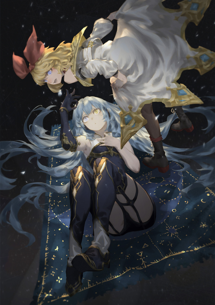 2girls annette_(king's_raid) armpits astronomy blonde_hair blue_carpet blue_eyes blue_hair boots bow bracelet commentary_request floating flying_carpet garter_straps gold_trim hair_bow heterochromia highres huge_bow jewelry kara_(king's_raid) king's_raid leaning_forward long_hair looking_at_another lying multiple_girls night off_shoulder on_back open_mouth red_bow spongeman9214 thigh-highs thigh_boots very_long_hair white_coat yellow_eyes