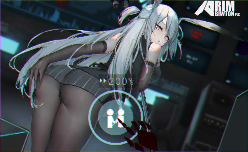 1girl absurdres animal_ears arknights ass bangs bare_shoulders bent_over black_dress black_gloves black_panties blue_eyes blue_hair blurry blurry_background breasts chromatic_aberration depth_of_field dress dutch_angle elbow_gloves fentou_shou from_behind gloves gun highres huge_filesize indoors large_breasts looking_at_viewer looking_back one_side_up panties panties_under_pantyhose pantyhose pov savage_(arknights) short_dress sleeveless sleeveless_dress solo striped swept_bangs thighs underwear upskirt vertical_stripes weapon