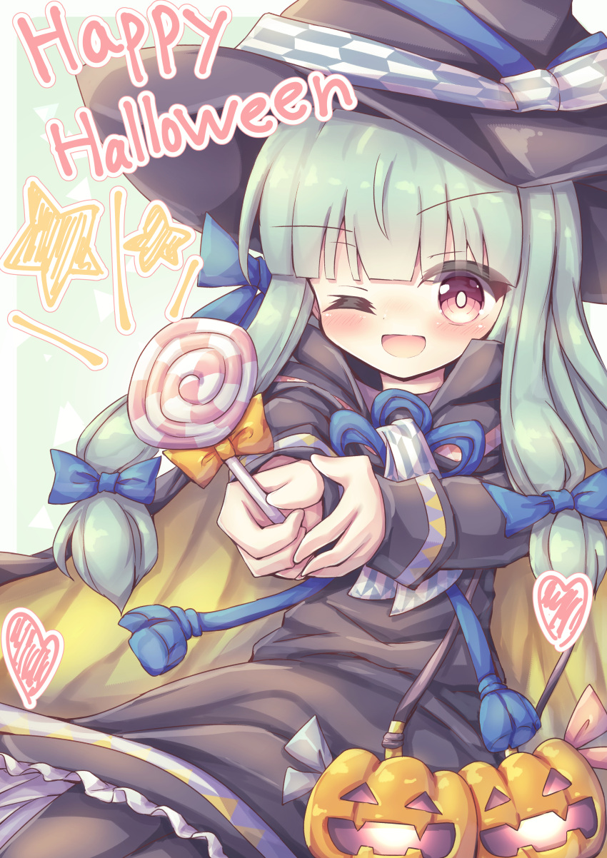 1girl ;d absurdres bangs black_cape black_dress black_headwear black_legwear blue_bow blue_ribbon blush bow candy cape commentary_request dress eyebrows_visible_through_hair food green_background green_hair hair_bow halloween happy_halloween hat heart highres holding holding_food holding_lollipop kotonoha_aoi lollipop long_hair long_sleeves multicolored multicolored_cape multicolored_clothes one_eye_closed open_mouth outstretched_arms pantyhose red_eyes ribbon sidelocks smile solo swirl_lollipop two-tone_background v-shaped_eyebrows voiceroid waste_(arkaura) witch_hat yellow_cape