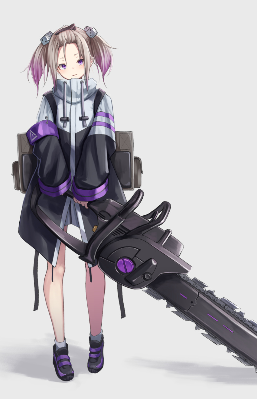 1girl armband bag bangs_pinned_back bare_legs black_coat black_footwear blush brown_hair dice_hair_ornament drawstring full_body gradient_hair grey_background hair_ornament high_collar highres holding holding_weapon huge_weapon knoy3356 looking_at_viewer multicolored_hair original panties purple_hair safety_pin short_hair short_twintails sidelocks simple_background smile socks solo standing twintails underwear violet_eyes weapon