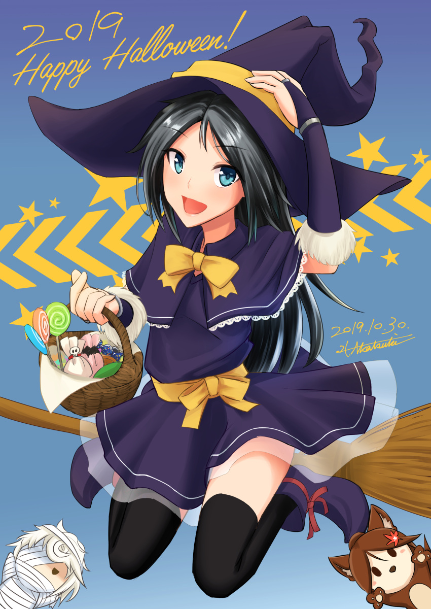 2019 3girls absurdres akatsuki_hitoshi alternate_costume amagi_(kantai_collection) basket black_background black_dress black_hair black_legwear blue_eyes bridal_gauntlets broom candy capelet commentary_request dress food frilled_dress frills gradient gradient_background grey_background halloween highres kantai_collection katsuragi_(kantai_collection) lollipop long_hair looking_at_viewer multiple_girls mummy solo_focus star thigh-highs unryuu_(kantai_collection) werewolf