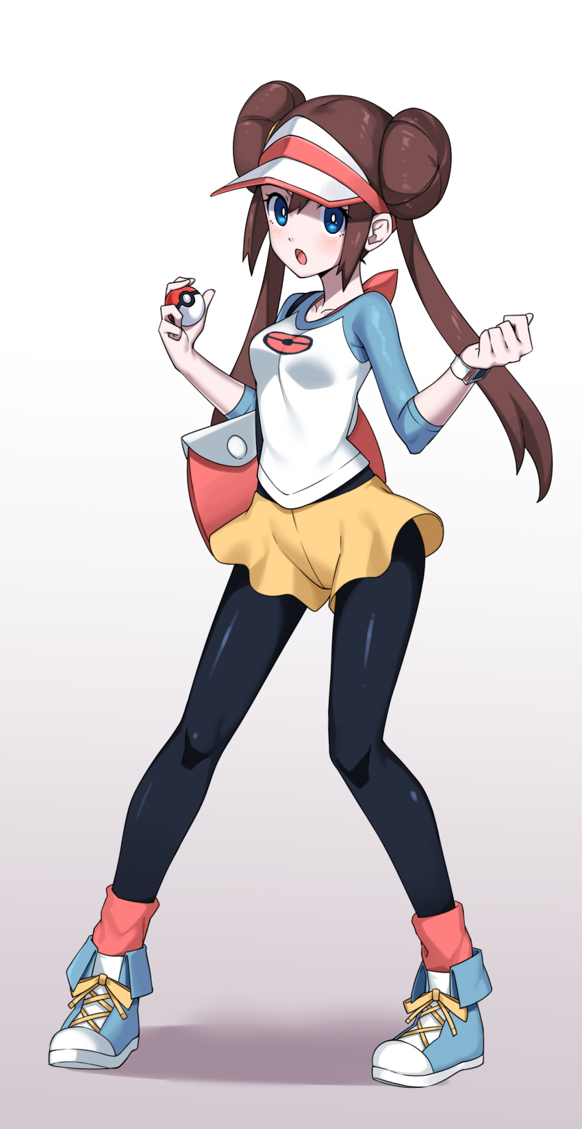 1girl :o absurdres bag black_legwear blue_eyes blue_footwear blue_sleeves breasts bright_pupils double_bun full_body ginopi gradient gradient_background grey_background highres holding legwear_under_shorts looking_at_viewer mei_(pokemon) open_mouth pantyhose poke_ball_print pokemon pokemon_(game) pokemon_bw2 print_shirt raglan_sleeves shirt shoes short_shorts shorts shoulder_bag small_breasts sneakers solo standing tareme twintails visor_cap watch watch white_headwear white_shirt yellow_shorts