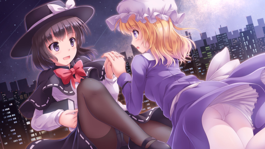 2girls :d :o black_capelet black_hair black_headwear black_legwear black_skirt blonde_hair book bow bowtie capelet cityscape commentary_request crotch_seam eye_contact eyebrows_visible_through_hair floating hat hat_bow highres holding holding_book holding_hands interlocked_fingers long_sleeves looking_at_another lzh maribel_hearn mob_cap multiple_girls night open_mouth outdoors panties panties_under_pantyhose pantyhose pantyshot purple_shirt purple_skirt red_neckwear shirt short_hair skirt sky smile star_(sky) starry_sky touhou underwear usami_renko violet_eyes white_bow white_headwear white_legwear white_panties white_shirt