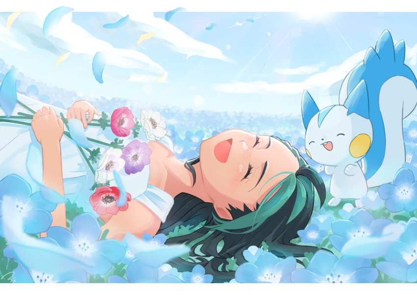 1girl :d alternate_costume amedaya_(a-m-e-c-o) black_hair blue_flower blush closed_eyes clouds commentary_request day dress eyelashes field flower flower_field from_side grass green_hair happy highres holding holding_flower long_hair lying nemona_(pokemon) on_back open_mouth outdoors pachirisu pokemon pokemon_(creature) pokemon_(game) pokemon_sv sky smile solo sun tongue