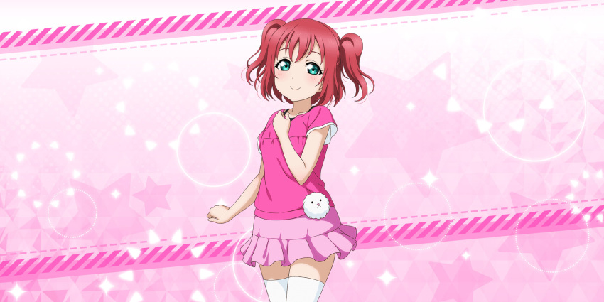 blush green_eyes kurosawa_ruby love_live!_school_idol_festival_all_stars pink_hair shirt short_hair