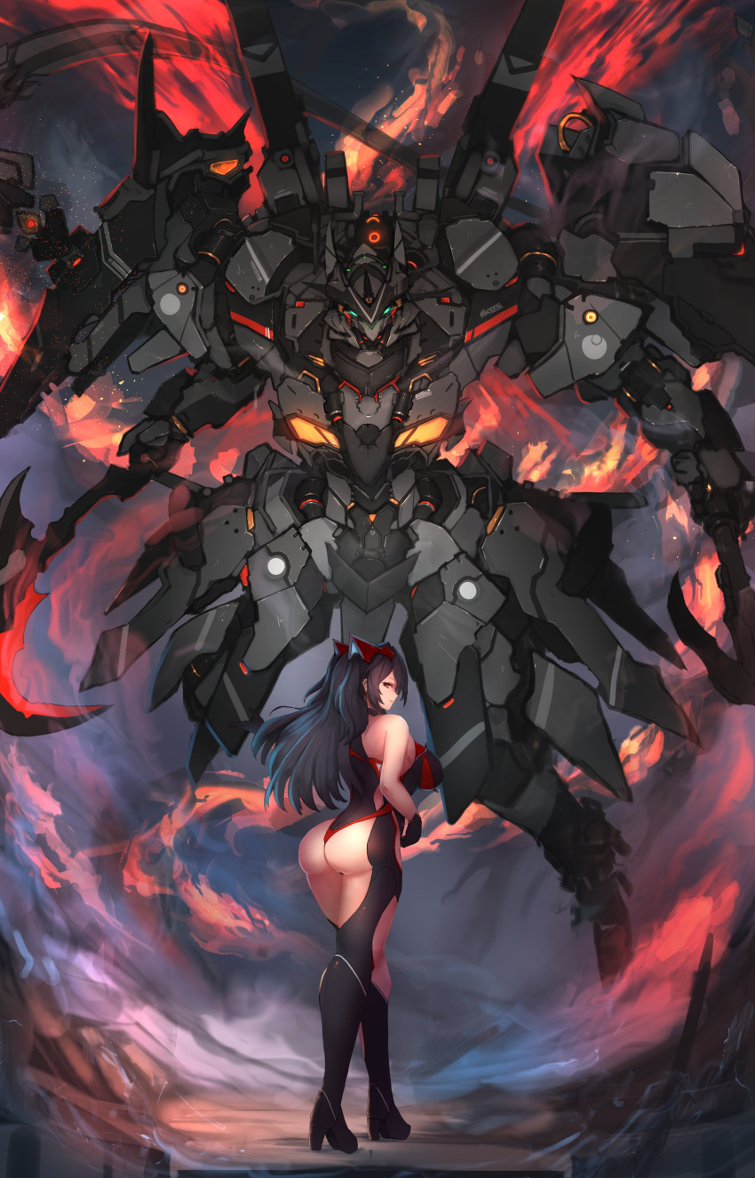 1girl absurdres ass bangs bare_shoulders black_footwear black_gloves black_hair bodysuit boots breasts choker clouds commission fire full_body gloves headgear high_heel_boots high_heels highres large_breasts long_hair looking_at_viewer looking_back mecha original partial_bodysuit robot scythe sidelocks smile smoke solo syaha two_side_up