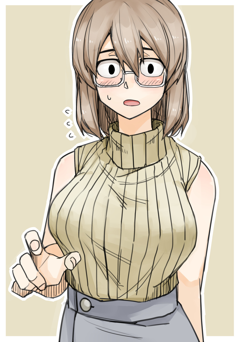 1girl absurdres black_eyes blush breasts brown_hair brown_sweater eyebrows flying_sweatdrops glasses highres large_breasts looking_at_viewer original parted_lips short_hair sleeveless solo sweatdrop sweater tadd_(tatd) turtleneck turtleneck_sweater upper_body