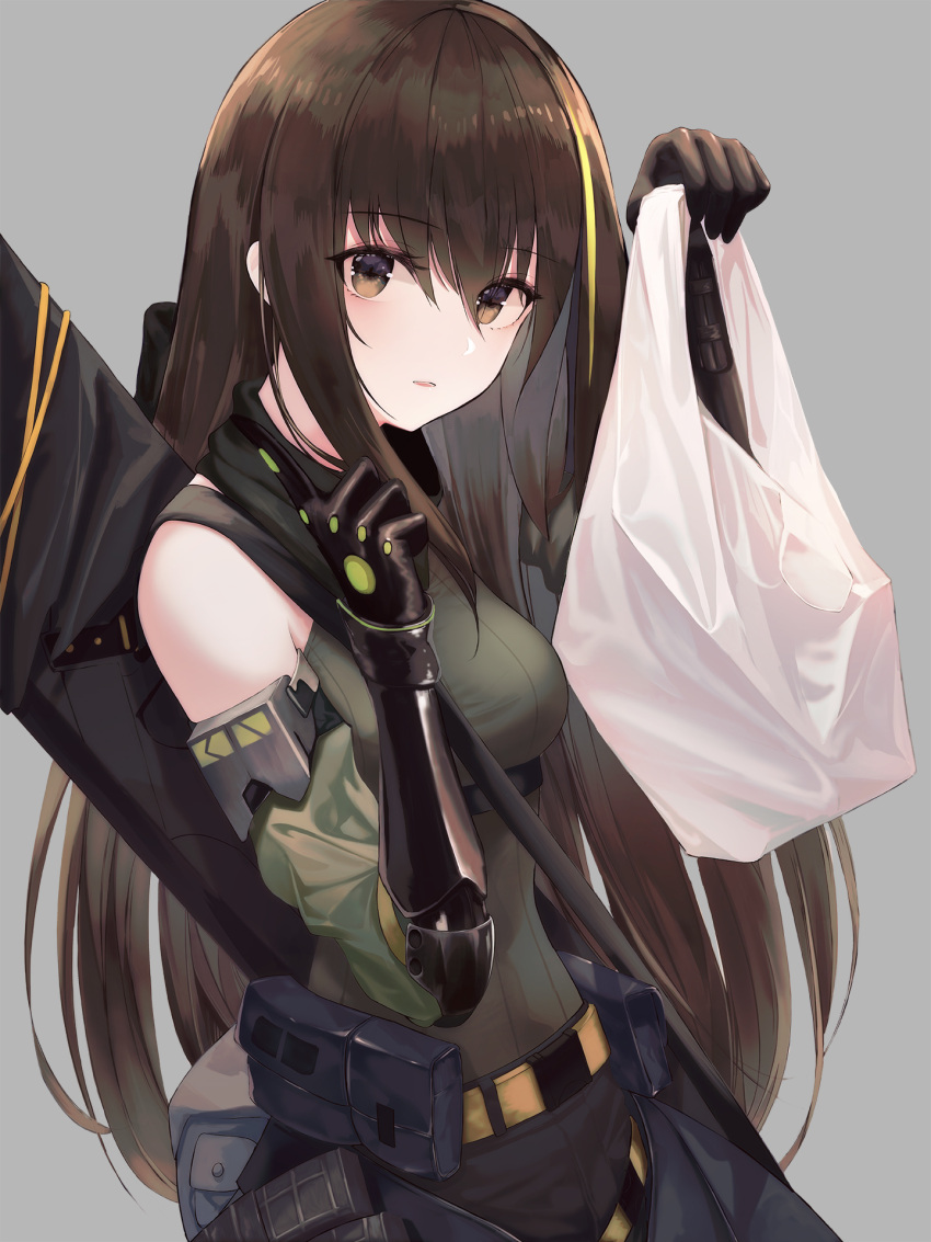 1girl bare_shoulders belt belt_pouch black_gloves breasts brown_eyes brown_hair detached_sleeves frostscent gauntlets girls_frontline gloves green_shirt grey_background hands_up highres index_finger_raised long_hair looking_at_viewer m4a1_(girls_frontline) magazine_(weapon) medium_breasts multicolored_hair parted_lips pouch shirt sidelocks solo streaked_hair upper_body very_long_hair