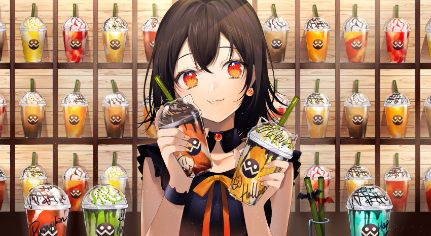 1girl :t bangs bare_arms black_collar black_hair black_shirt bow closed_mouth collar collarbone commentary_request cup cup_to_cheek detached_collar disposable_cup drinking_straw earrings eyebrows_visible_through_hair hair_between_eyes halloween highres holding holding_cup jewelry orange_bow original red_eyes shirt sleeveless sleeveless_shirt smile sogawa solo upper_body wrist_cuffs