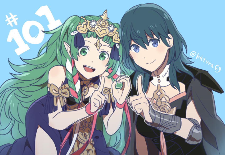 2girls black_cape blue_background blue_eyes blue_hair braid byleth_(fire_emblem) byleth_eisner_(female) cape closed_mouth fire_emblem fire_emblem:_three_houses fire_emblem_heroes green_eyes green_hair hair_ornament juria0801 long_hair medium_hair multiple_girls open_mouth pointy_ears simple_background smile sothis_(fire_emblem) tiara twin_braids twitter_username upper_body