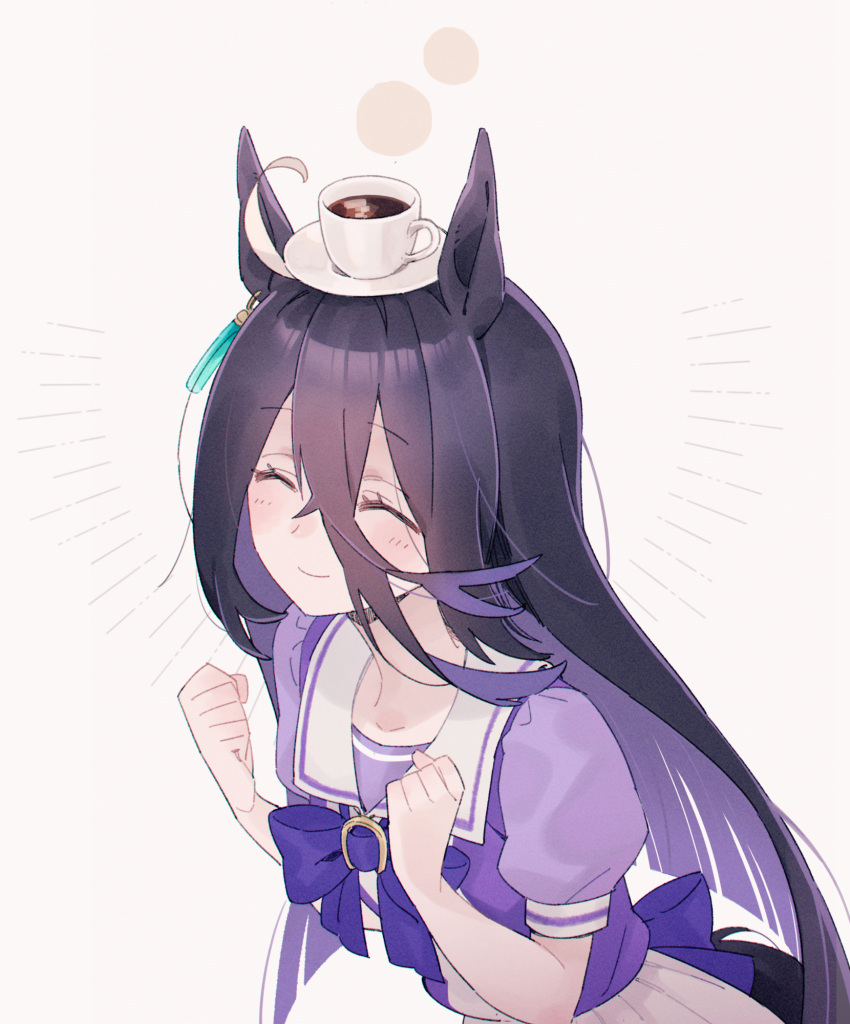 1girl animal_ears bangs black_hair blush clenched_hands closed_eyes closed_mouth coffee cup earrings english_commentary futaba_(futaba_uc) hair_between_eyes highres horse_ears horse_girl horse_tail jewelry long_hair manhattan_cafe_(umamusume) object_on_head puffy_short_sleeves puffy_sleeves purple_shirt sailor_collar saucer school_uniform shirt short_sleeves single_earring skirt smile solo tail tracen_school_uniform umamusume upper_body white_skirt