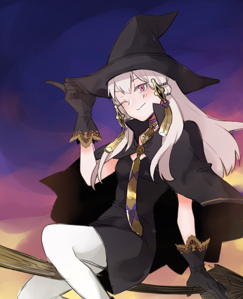 1girl absurdres akmr_knst black_cape black_gloves broom broom_riding cape closed_mouth dress fire_emblem fire_emblem:_three_houses gloves hair_ornament halloween_costume hat highres long_hair lysithea_von_ordelia one_eye_closed pink_eyes solo white_hair white_legwear witch_hat
