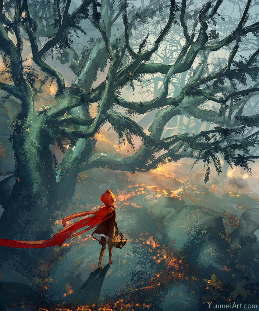 1girl basket black_legwear cloak day forest from_above from_behind highres hood hood_up hooded_cloak little_red_riding_hood little_red_riding_hood_(grimm) nature overcast red_cloak red_hood solo tree walking watermark web_address wenqing_yan wind