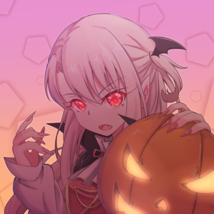 1girl absurdres bangs black_cape cape commentary english_commentary eyebrows_visible_through_hair fang fate/kaleid_liner_prisma_illya fate_(series) fingernails glowing glowing_eyes hair_between_eyes halloween hands_up highres illyasviel_von_einzbern jack-o'-lantern light_brown_hair long_fingernails long_hair long_sleeves looking_at_viewer nail_polish one_side_up open_mouth pink_nails red_eyes sharp_fingernails shirt sleeves_past_wrists solo upper_body white_shirt wing_hair_ornament zongren