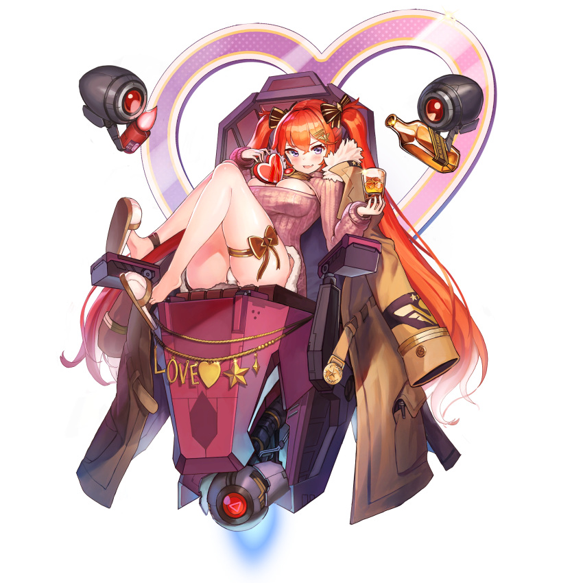 1girl :d alcohol alternate_costume ankle_ribbon bangs blush bottle bow box breasts brown_coat cleavage_cutout coat cup dress eyebrows_visible_through_hair fang glint gold hair_between_eyes hair_bow hair_ornament hairclip heart heart-shaped_box highres holding holding_cup jacket_on_shoulders last_origin long_hair long_sleeves looking_at_viewer machinery may_the_destruction mecha mole mole_on_breast official_art open_mouth paintale panties pink_sweater redhead ribbed_sweater ribbon shoe_dangle short_dress skin_fang slippers smile solo star sweater sweater_dress tachi-e thigh_strap thighs throne transparent_background twintails underwear very_long_hair violet_eyes white_panties