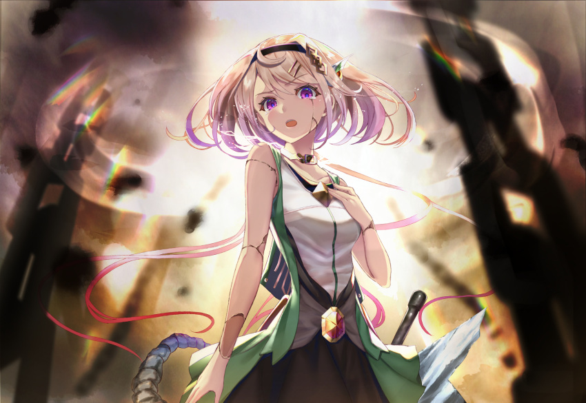 1girl black_bow black_skirt bow character_request collar collarbone floating_hair from_below gakuon_(gakuto) gradient_hair hair_bow hair_intakes highres jacket long_hair looking_at_viewer multicolored_hair open_mouth purple_hair scar scar_across_eye silver_hair skirt sleeveless sleeveless_jacket solo standing violet_eyes vocaloid white_jacket