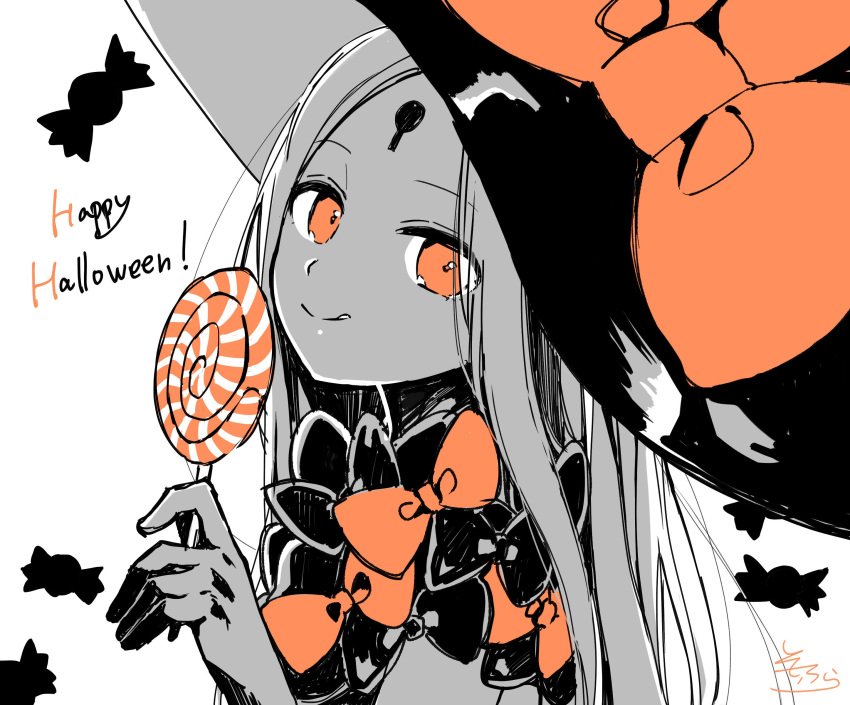 1girl :q abigail_williams_(fate/grand_order) absurdres bangs bow candy candy_wrapper closed_mouth eyebrows_visible_through_hair fate/grand_order fate_(series) food happy_halloween hat hat_bow highres holding holding_food holding_lollipop keyhole lollipop long_hair looking_at_viewer monochrome parted_bangs signature simple_background smile sofra solo swirl_lollipop tongue tongue_out upper_body white_background witch_hat