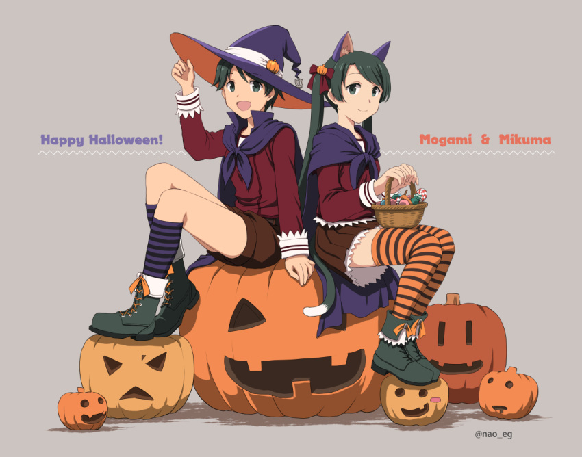 2girls animal_ears bangs basket black_footwear boots brown_shorts brown_skirt candy cape cat_ears cat_tail character_name english_text fake_animal_ears fake_tail food food_themed_hair_ornament full_body grey_background hair_ornament halloween halloween_costume hat jack-o'-lantern kantai_collection kneehighs long_hair long_sleeves mikuma_(kantai_collection) mogami_(kantai_collection) multiple_girls nao_(nao_eg) open_mouth pleated_skirt pumpkin_hair_ornament ribbon short_hair shorts simple_background sitting skirt smile striped striped_legwear tail thigh-highs twintails twitter_username witch_hat
