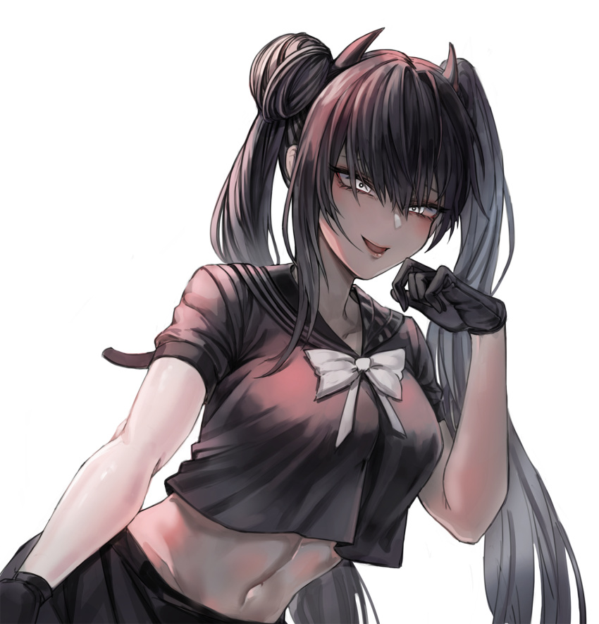 1girl bangs black_gloves black_sailor_collar black_serafuku black_shirt blue_eyes bow breasts bright_pupils girls_frontline gloves grey_eyes highres horns large_breasts leaning_forward long_hair looking_at_viewer midriff navel nlitz ouroboros_(girls_frontline) sailor_collar school_uniform serafuku shirt shoes simple_background single_sidelock smile solo twintails upper_body very_long_hair white_background white_bow