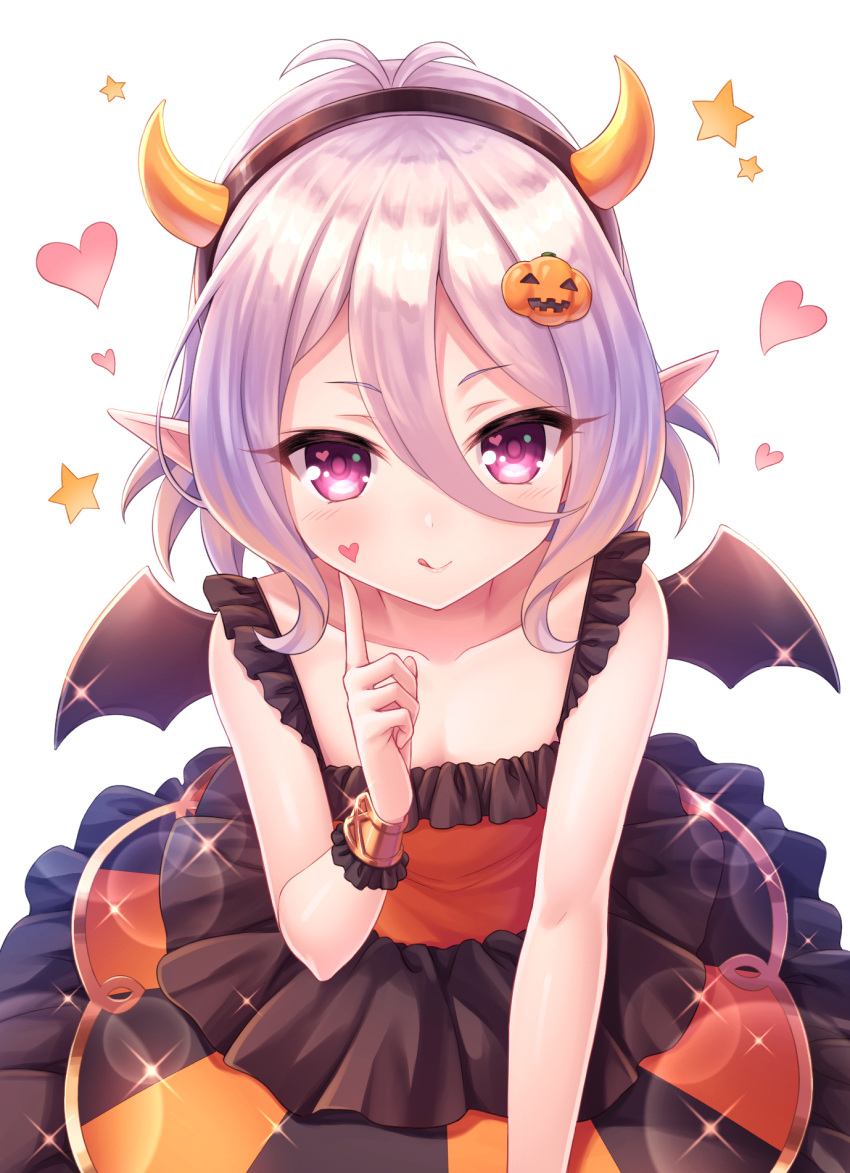 1girl :q antenna_hair bangs bare_shoulders black_hairband black_wings blush closed_mouth collarbone commentary_request demon_girl demon_horns demon_wings dress eyebrows_visible_through_hair fake_horns frilled_dress frills hair_between_eyes hair_ornament hairband halloween heart heart_in_eye highres horns jack-o'-lantern jack-o'-lantern_hair_ornament kokkoro_(princess_connect!) looking_at_viewer pointy_ears princess_connect! princess_connect!_re:dive silver_hair simple_background sleeveless sleeveless_dress smile solo star symbol_in_eye tomo_(user_hes4085) tongue tongue_out violet_eyes white_background wings wrist_cuffs