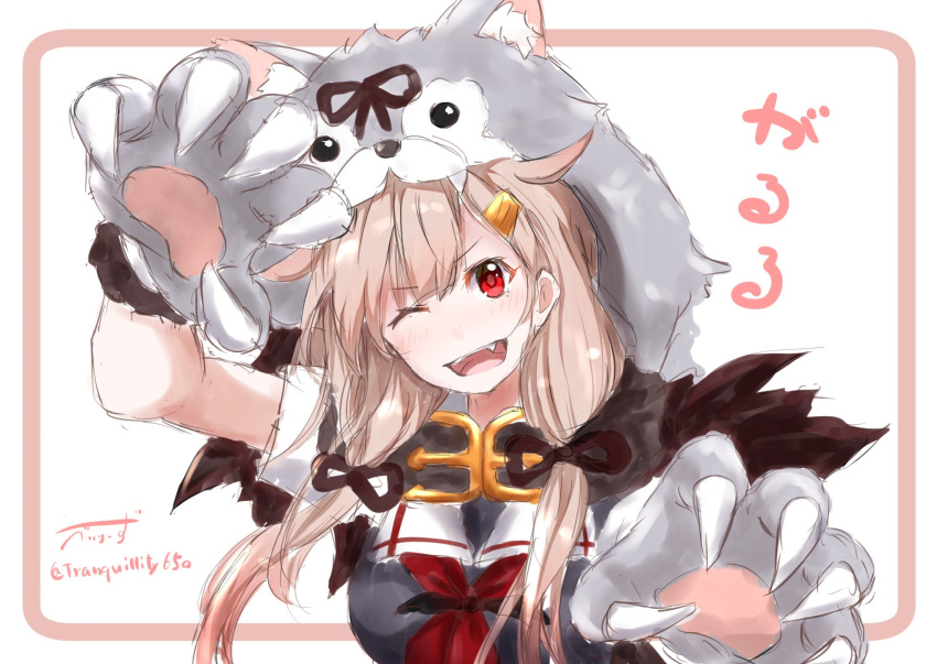 1girl artist_name baileys_(tranquillity650) black_serafuku blonde_hair commentary_request eyebrows_visible_through_hair fang fur_scarf gloves hair_between_eyes hair_flaps hair_ornament hair_ribbon hairclip halloween_costume highres kantai_collection looking_at_viewer neckerchief one_eye_closed paw_gloves paw_pose paws red_eyes red_neckwear remodel_(kantai_collection) ribbon sailor_collar school_uniform serafuku signature sketch solo wolf_hood wolf_paws yuudachi_(kantai_collection)