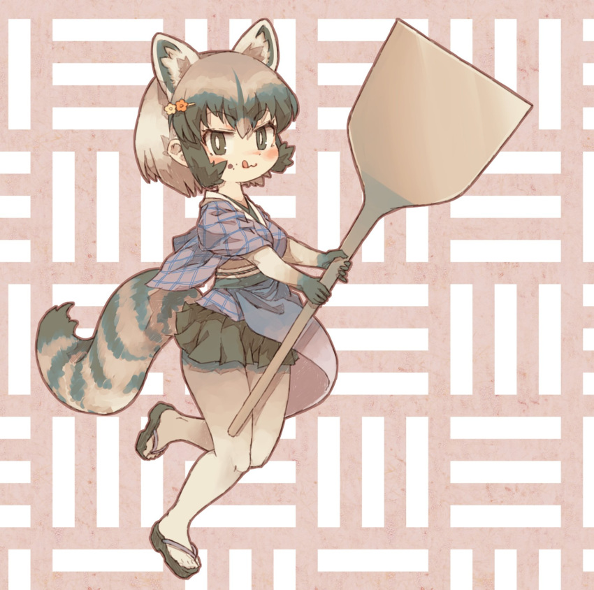 1girl :3 :p adapted_costume animal_ears black_gloves black_hair black_skirt blush common_raccoon_(kemono_friends) crumbs elbow_gloves extra_ears eyebrows_visible_through_hair full_body gloves grey_hair highres japanese_clothes kemono_friends kolshica multicolored multicolored_clothes multicolored_gloves multicolored_hair oar pantyhose plaid pleated_skirt raccoon_ears raccoon_girl raccoon_tail sandals short_hair skirt solo tail tongue tongue_out white_gloves white_legwear