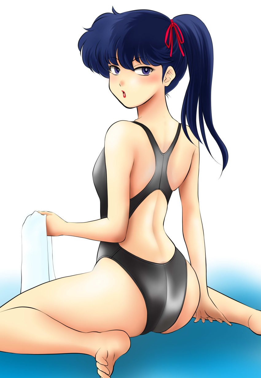 1girl absurdres ass barefoot black_eyes black_hair black_swimsuit blue_background competition_swimsuit from_behind gradient gradient_background hair_ribbon highres kunou_kodachi lips long_hair looking_at_viewer nanao_futaba one-piece_swimsuit ranma_1/2 red_ribbon ribbon side_ponytail sitting solo swimsuit towel wariza white_background white_towel