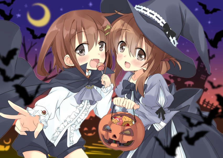 2girls alternate_costume back_bow bat black_cape bow bowtie brown_eyes brown_hair cape collarbone commentary_request cookie crescent_moon fang folded_ponytail food hair_ornament hairclip halloween hat highres hizuki_yayoi holding_lollipop ikazuchi_(kantai_collection) inazuma_(kantai_collection) kantai_collection long_skirt long_sleeves moon multiple_girls night night_sky open_mouth pumpkin shirt short_hair shorts skin_fang skirt sky v white_shirt witch_hat